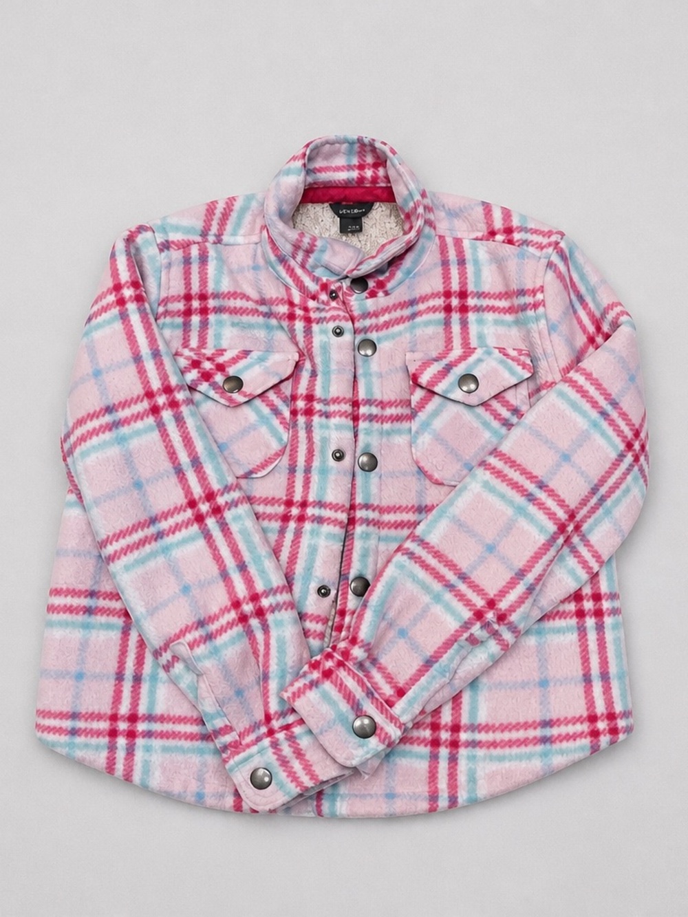 Eddie Bauer Pink, Red & Light Blue Plaid Sherpa-Lined Jacket